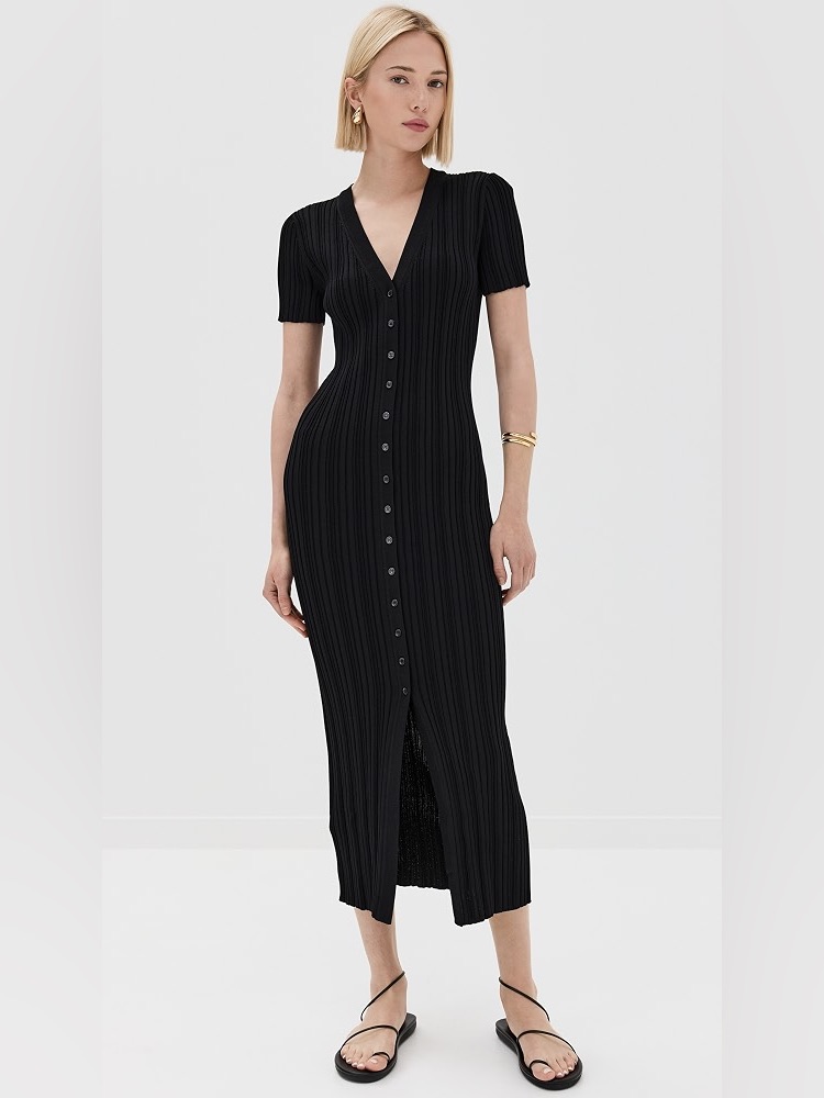 Staud Amina Buttoned Front Black Ribbed Short Sleeve Stretchy Midi Dress Small